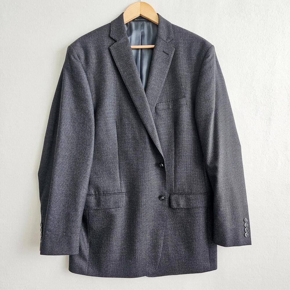 Calvin Klein 100% Wool Blazer Mens Size 44L Checkered Dark Gray Sport Coat